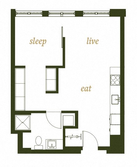Floor plan for 1 bed, 1 bath, 573 sqft